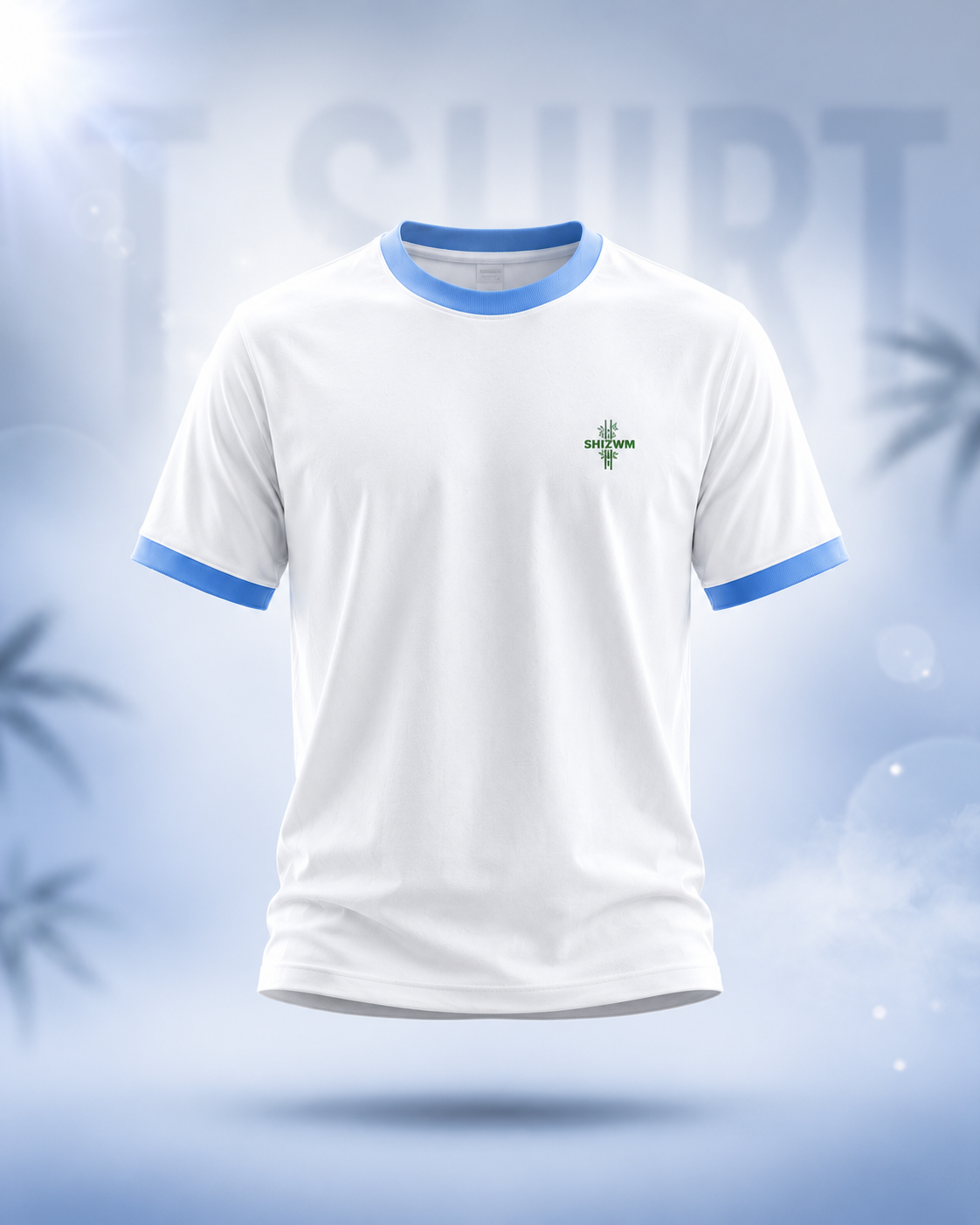 Premium White Ringer T-Shirt with Blue Trim & Bamboo-Inspired Graphic